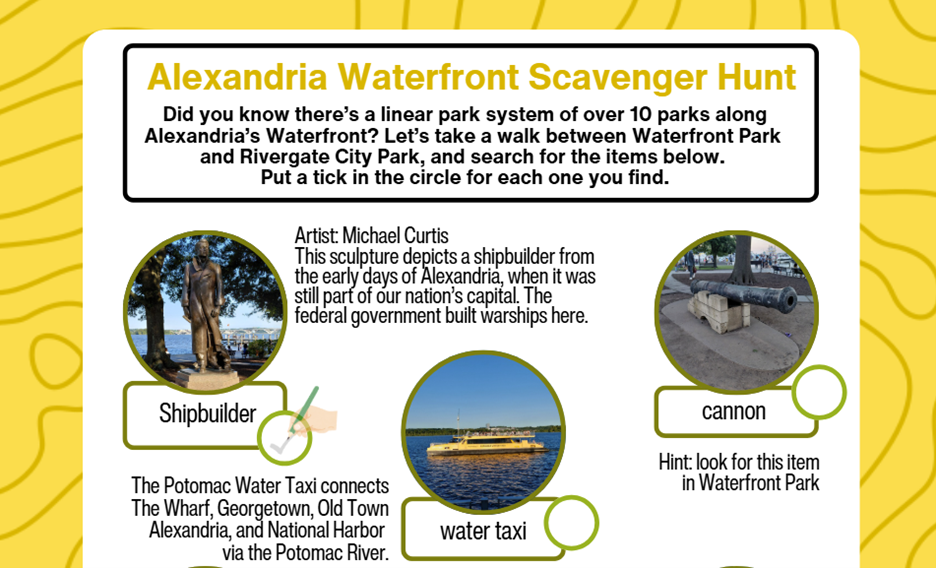 An educational poster titled 'Alexandria Waterfront Scavenger Hunt' with a yellow background and black wavy line art. It features text explaining a linear park system along Alexandria's waterfront and three circular photo inserts showing a shipbuilder, a water taxi, and a cannon, each with labels and a small green circle for checking off clues.