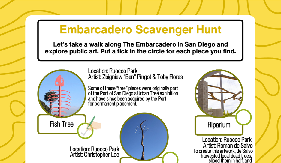 Embarcadero Scavenger Hunt sign with public art locations on a yellow background