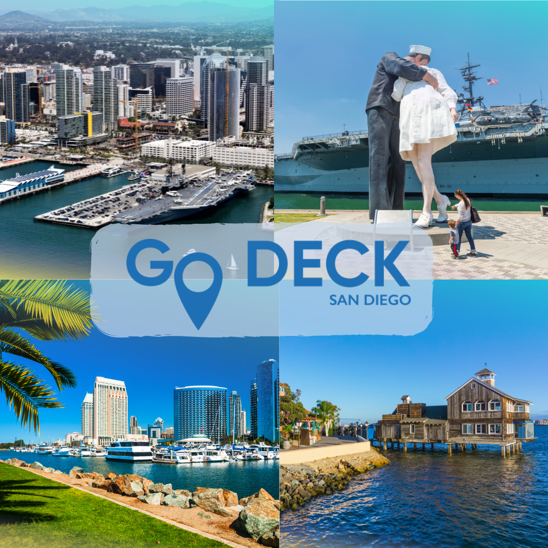 Collage of scenic views of San Diego with 'Go Deck San Diego' logo.