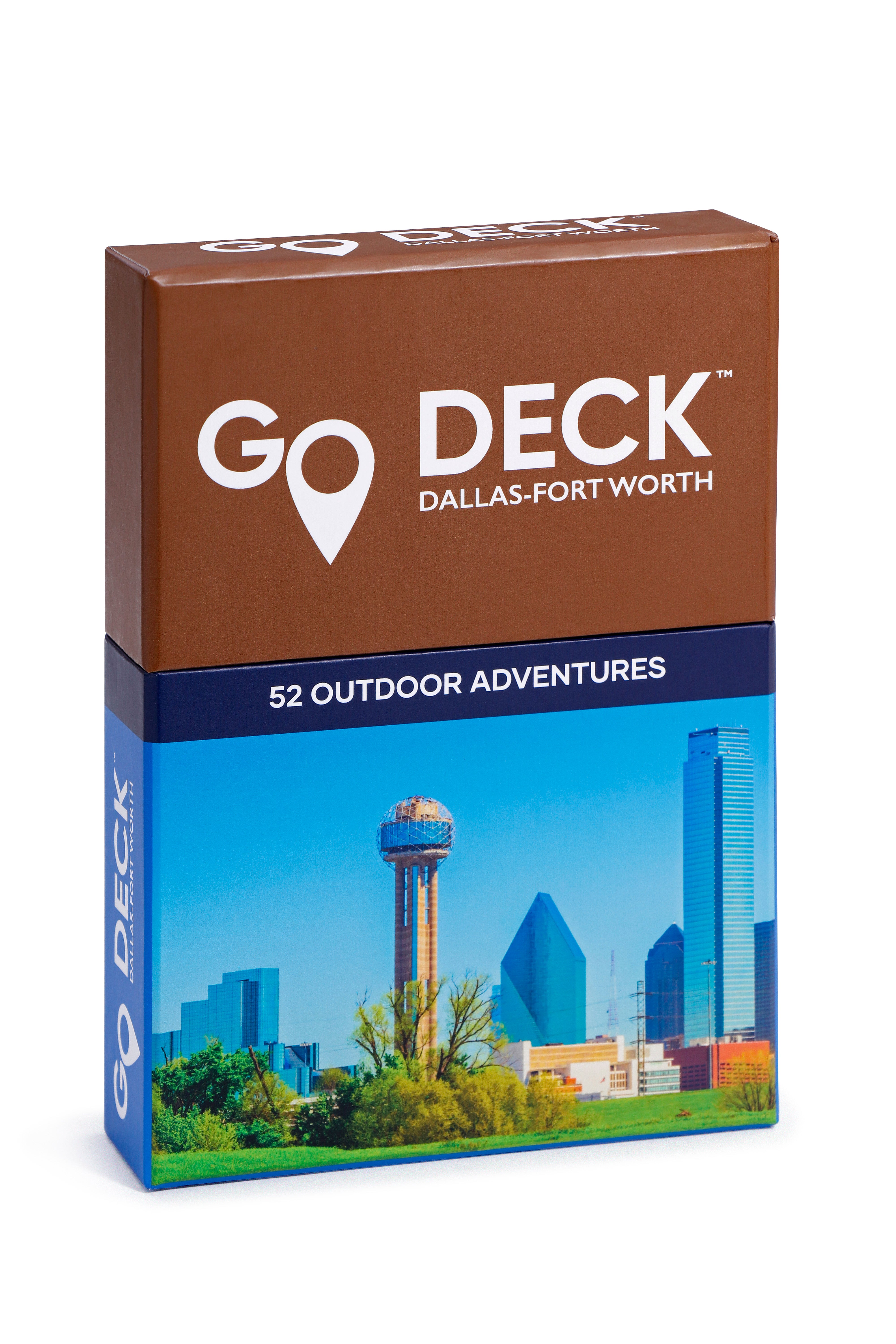Go Deck Dallas-Fort Worth outdoor adventure guide packaging with city skyline on a white background