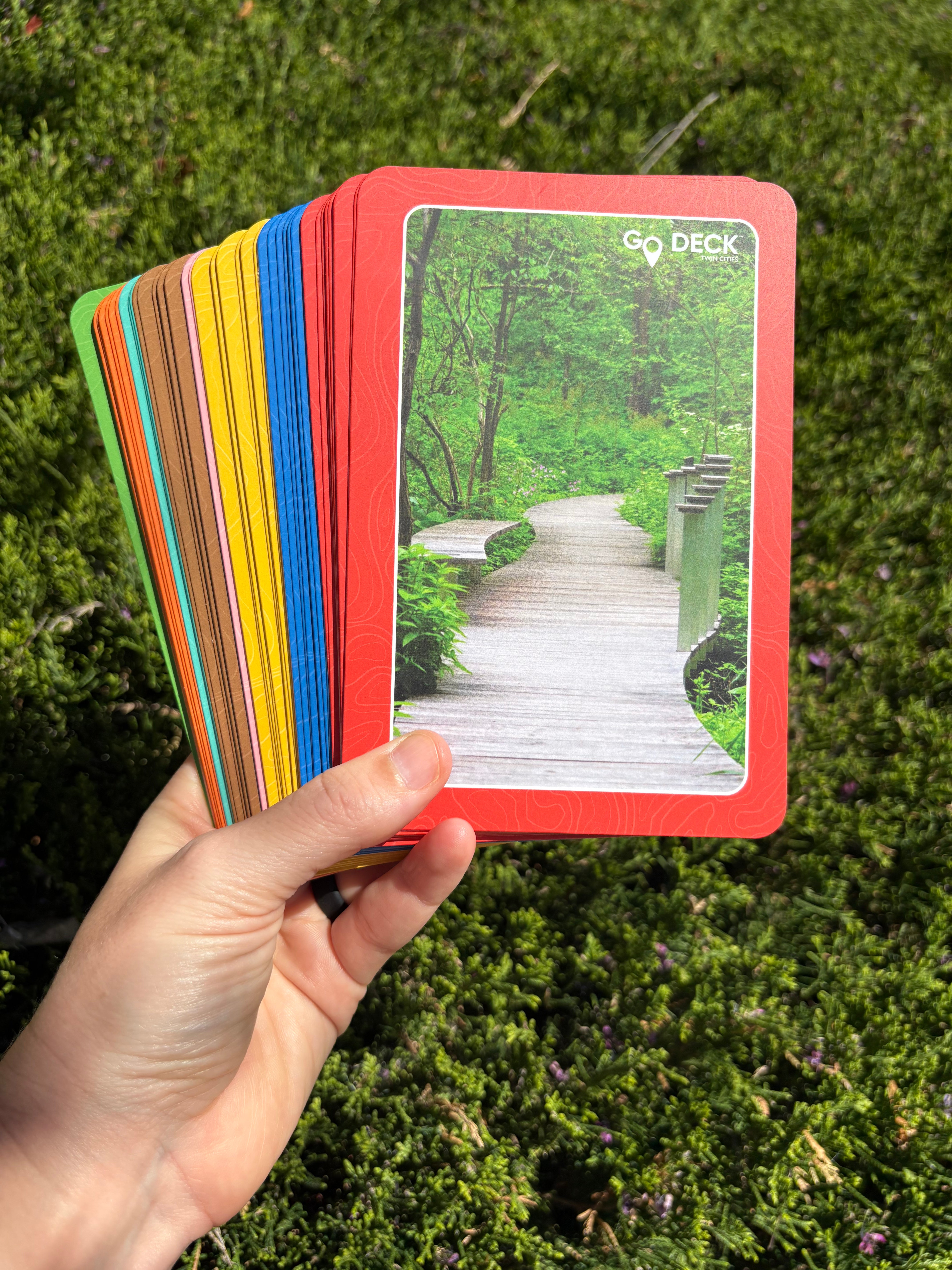 Hand holding a deck of cards with colorful backs against a green outdoor background