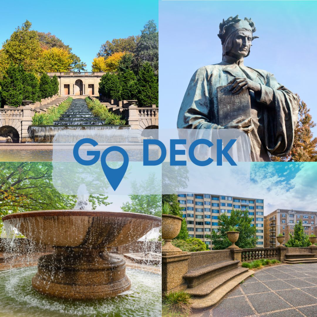 A four-panel collage showing outdoor scenes: a stone terrace with trees in the background, a bronze statue against the sky, a fountain in the foreground, and a paved walkway with buildings behind it. A large blue 'GO DECK' text and pin graphic overlays the center.
