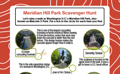 An educational poster titled 'Meridian Hill Park Scavenger Hunt' with a white background and red border, featuring text and four circular photos of Washington D.C.