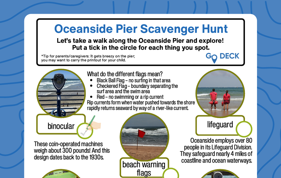 Oceanside Pier Scavenger Hunt guide with icons and text on a blue background