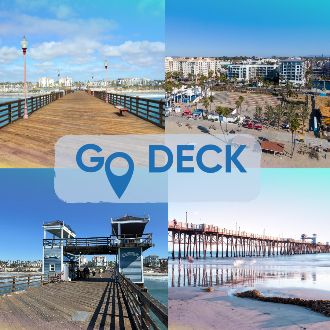 Collage of scenic locations in Oceanside, CA, with 'Go Deck' logo overlay