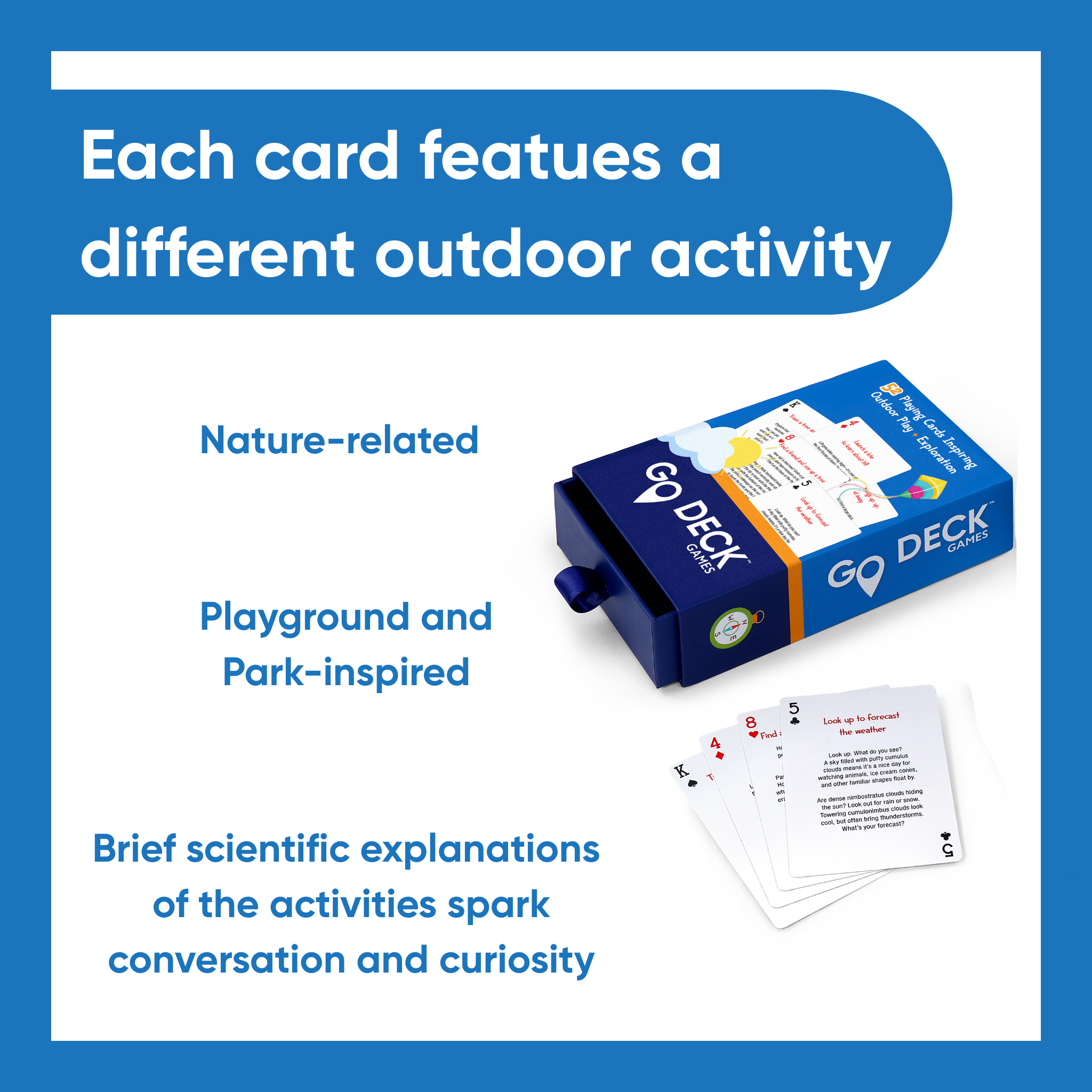 outdoor activity playing card set with text about nature-related and playground activities