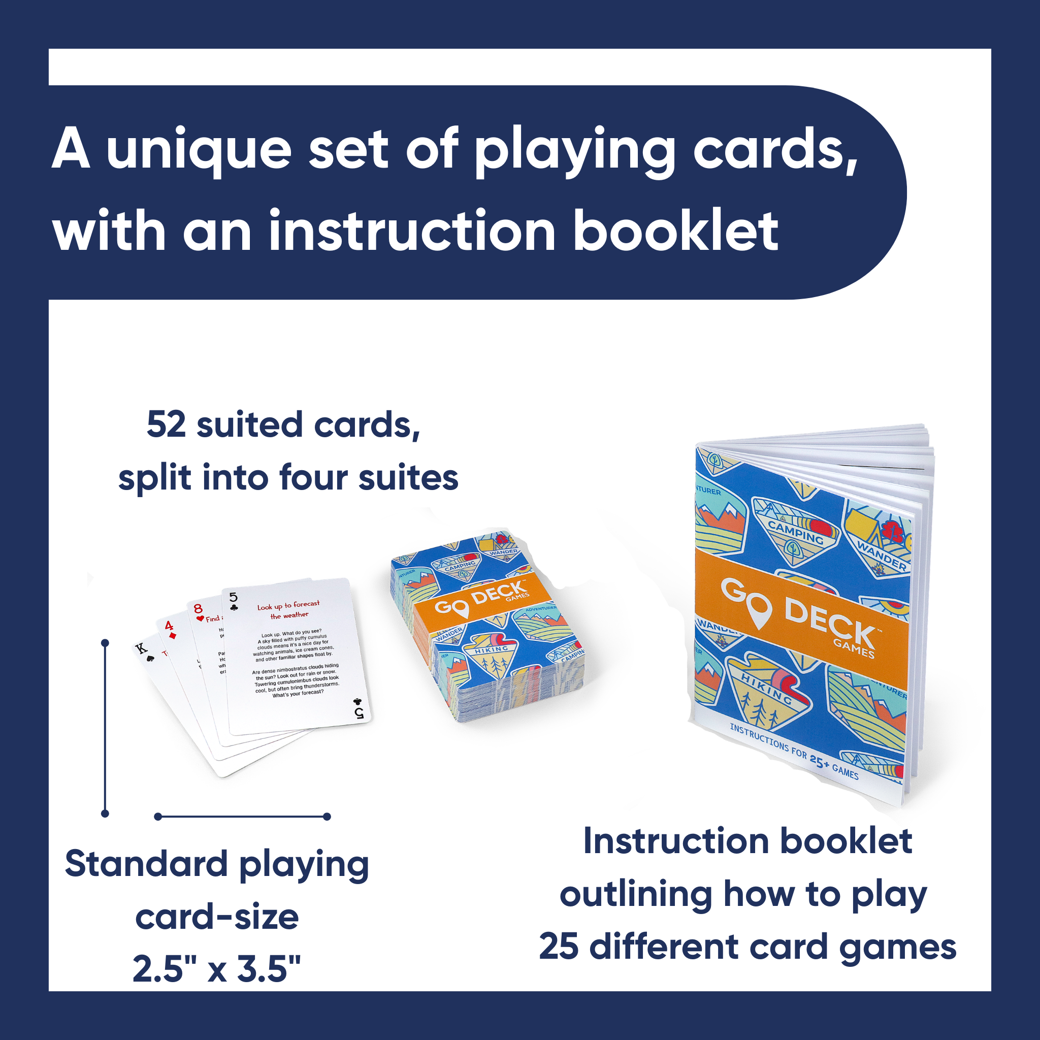 Set of playing cards with an instruction booklet on a white background