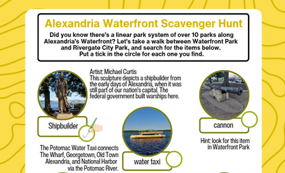 An educational poster titled 'Alexandria Waterfront Scavenger Hunt' with a yellow background and black wavy line art. It features text explaining a linear park system along Alexandria's waterfront and three circular photo inserts showing a shipbuilder, a water taxi, and a cannon, each with labels and a small green circle for checking off clues.