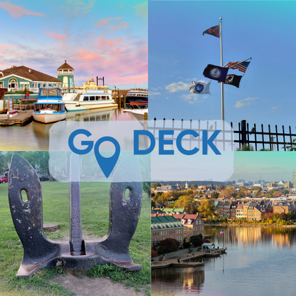 A collage of four scenic photographs with a large semi-transparent white banner across the center reading “GO DECK” in blue text, featuring a harbor scene with boats, flags on a pole, a large anchor in grass, and a waterfront city view.