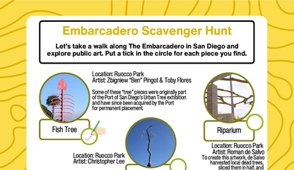 Embarcadero Scavenger Hunt sign with public art locations on a yellow background