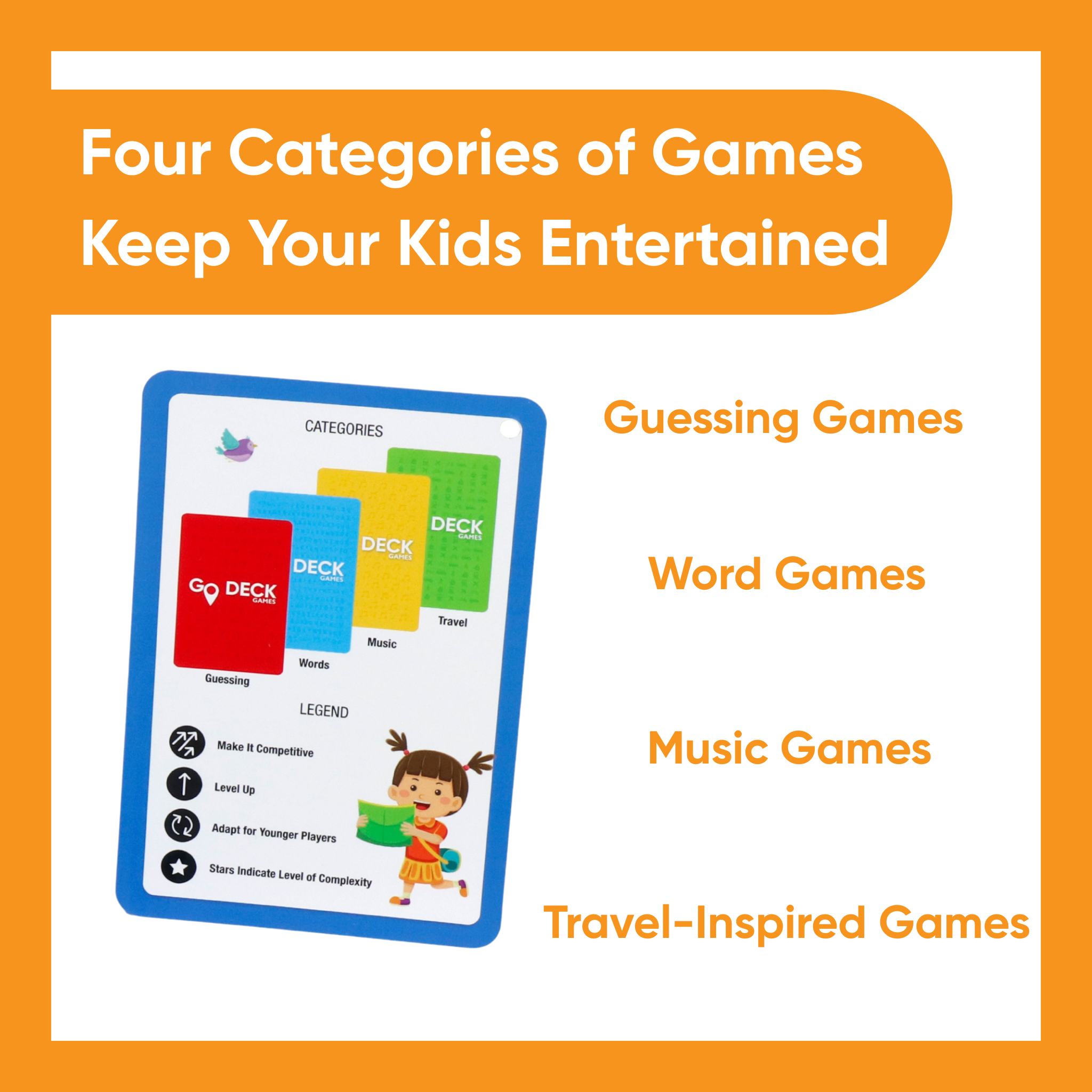 Card with categories for kids' games on an orange background