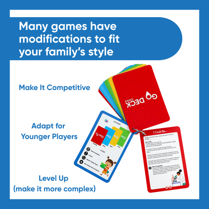 Card game with text on modifications for family play styles