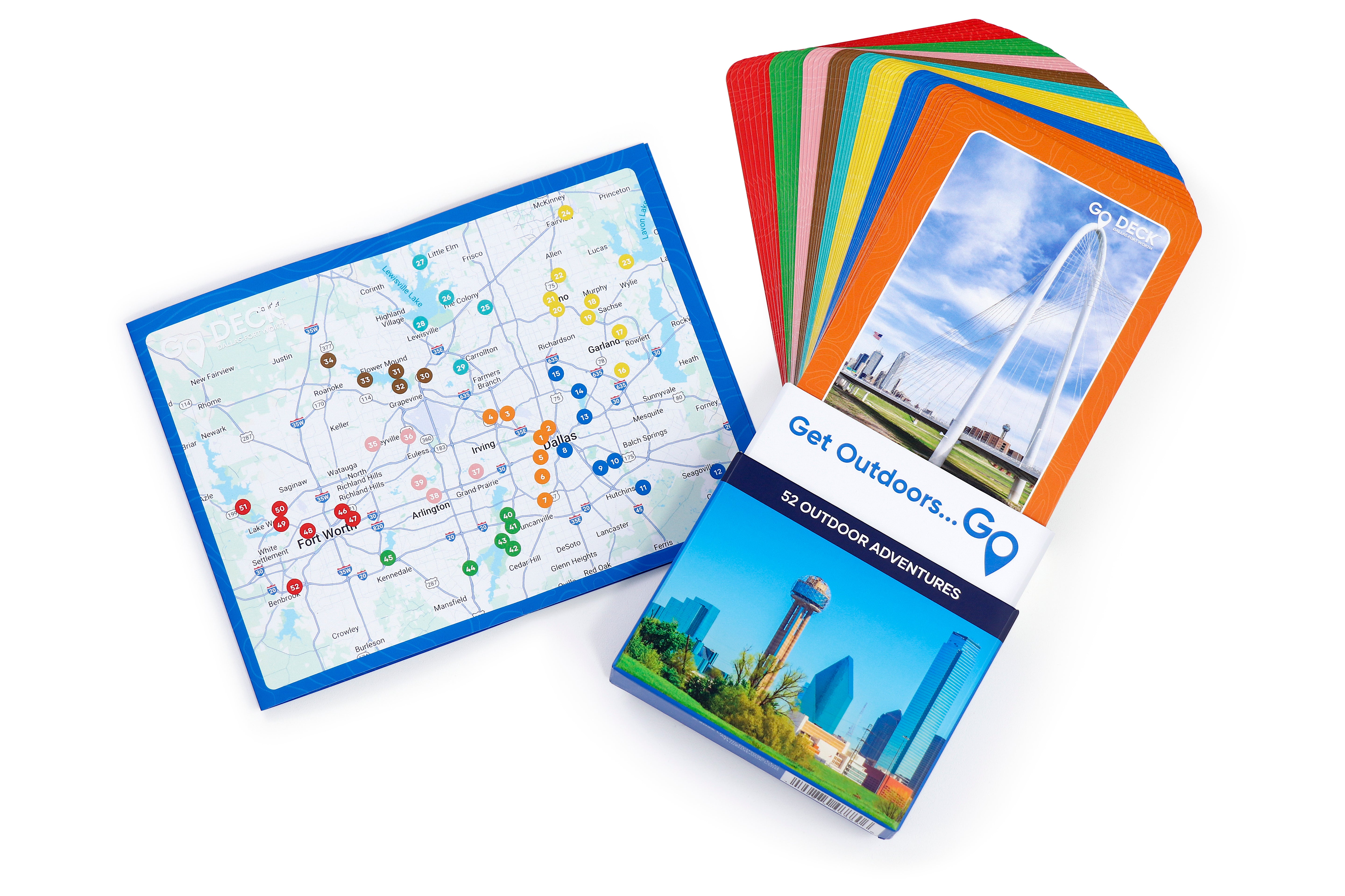 Set of colorful cards with map and scenic views on a white background