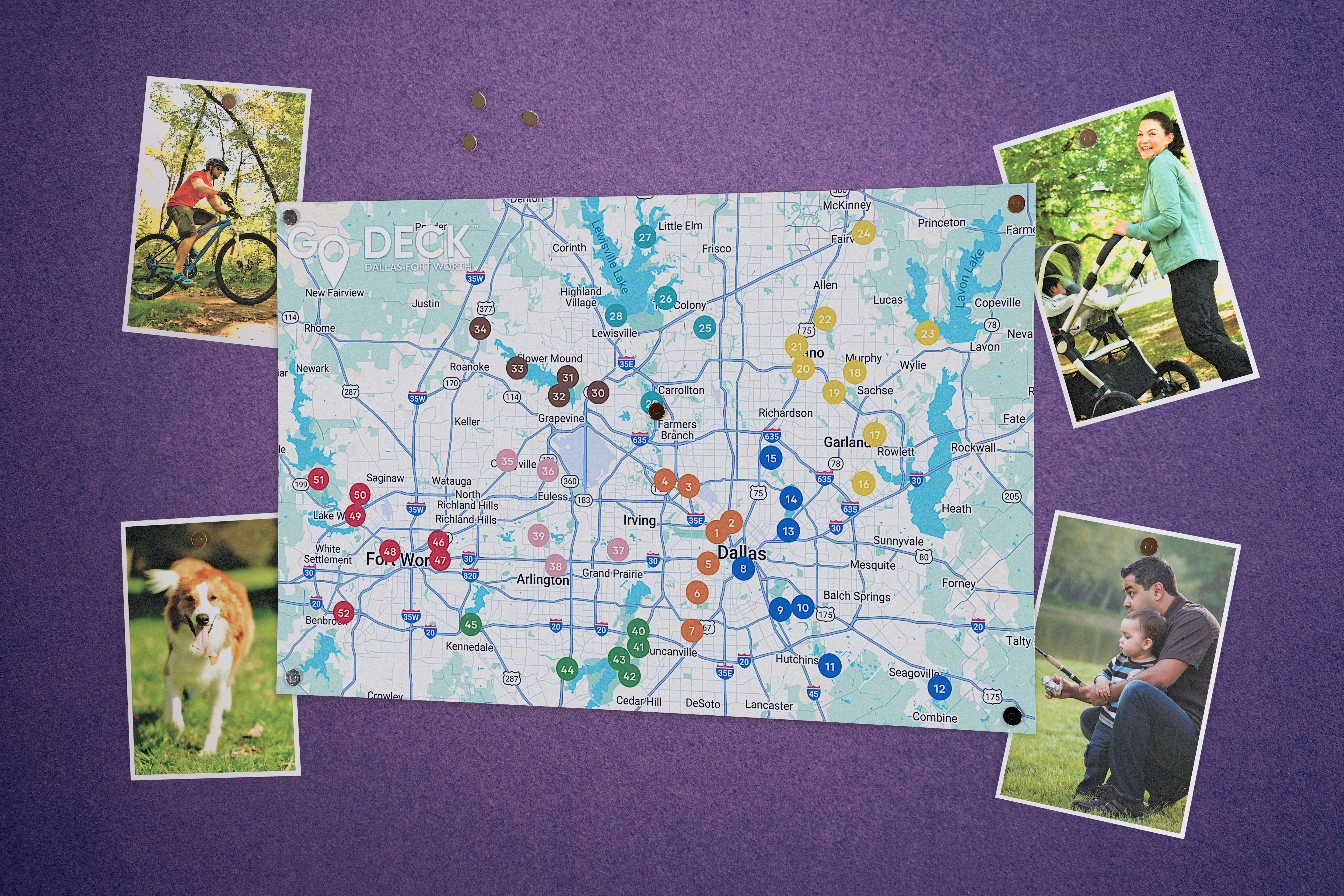 Map with various icons and photos on a purple background