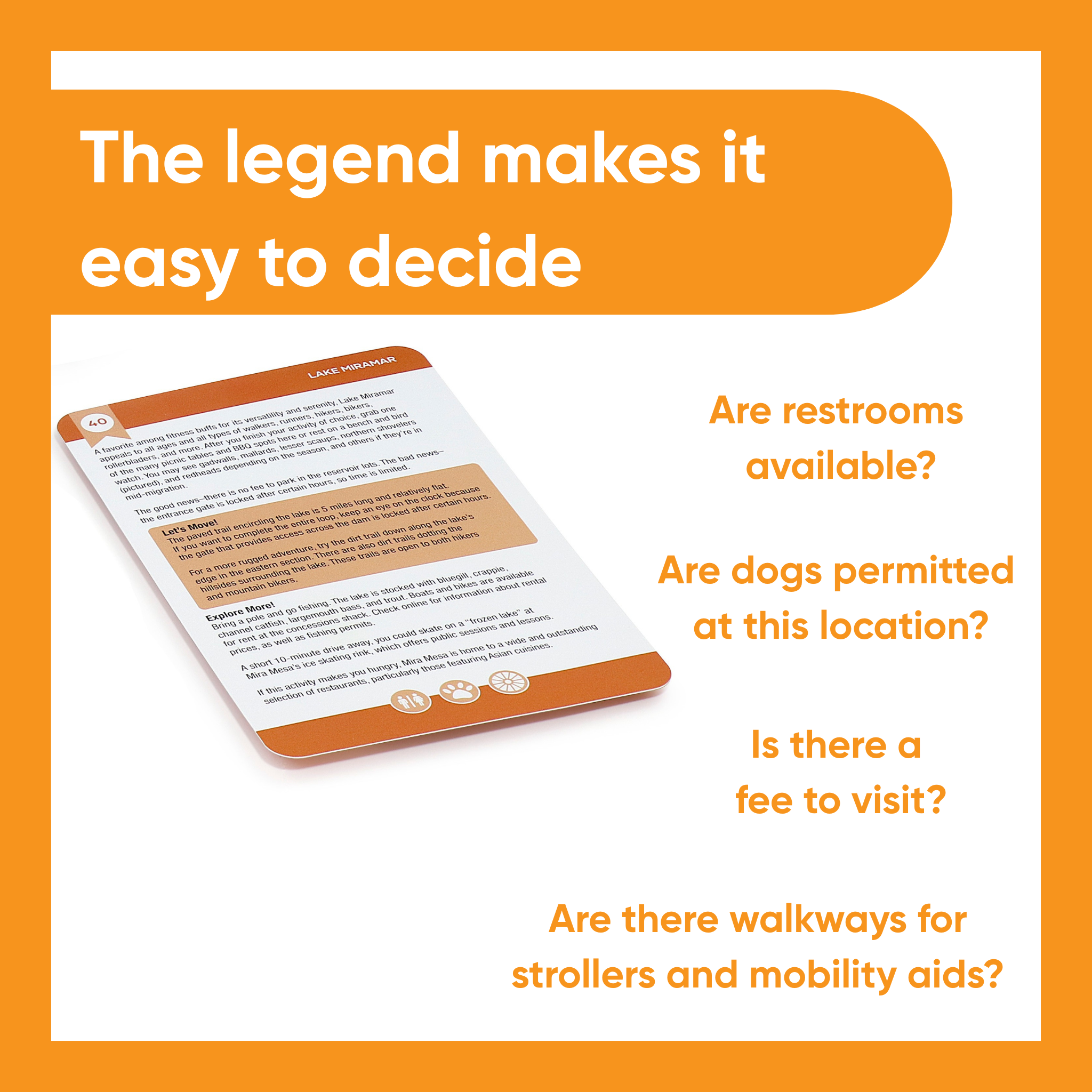 Card with text about accessibility questions on a white background with orange border