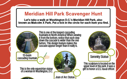 An educational poster titled 'Meridian Hill Park Scavenger Hunt' with a white background and red border, featuring text and four circular photos of Washington D.C.