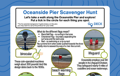 Oceanside Pier Scavenger Hunt guide with icons and text on a blue background