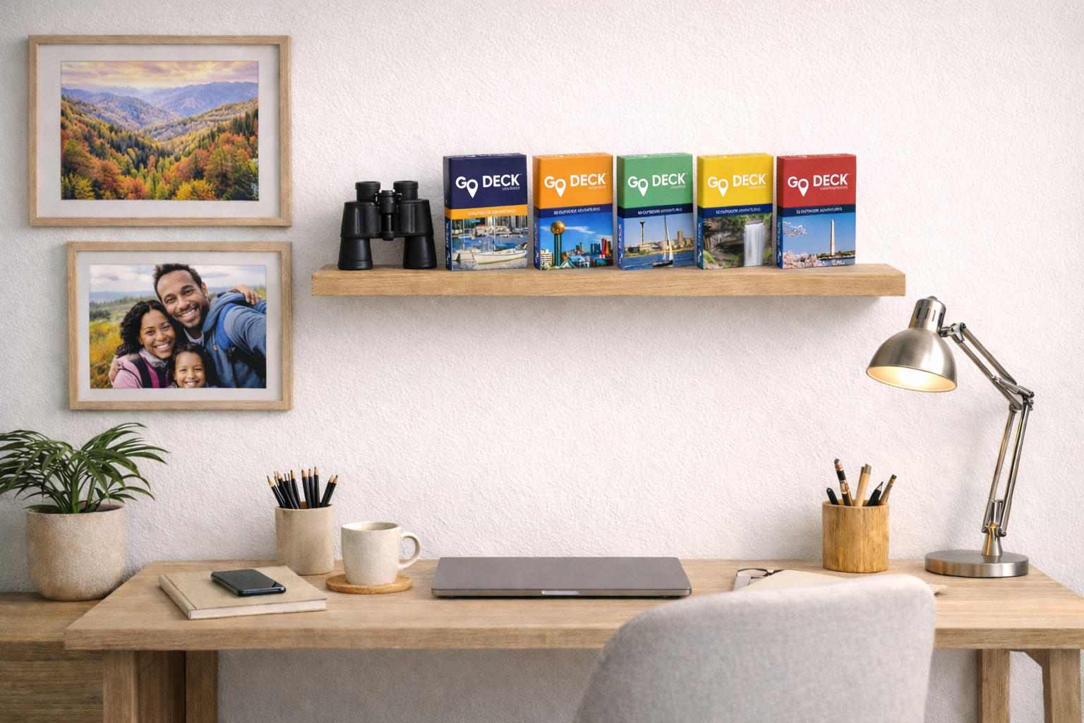 Home office setup with a desk, shelves with books, and framed family photo.